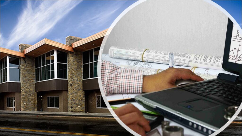 An image of an architect using a laptop computer inside an image of a building with multiple units